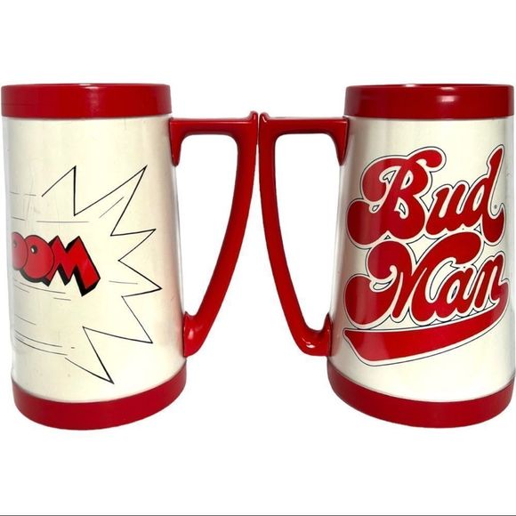 Set of TWO Bud Man Vintage Beer Mugs Superhero Thermos and Eagle Red and White - Picture 5 of 15